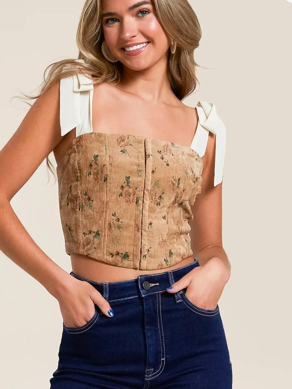 Floral Strapless Bustier Top with Cream Tie Straps